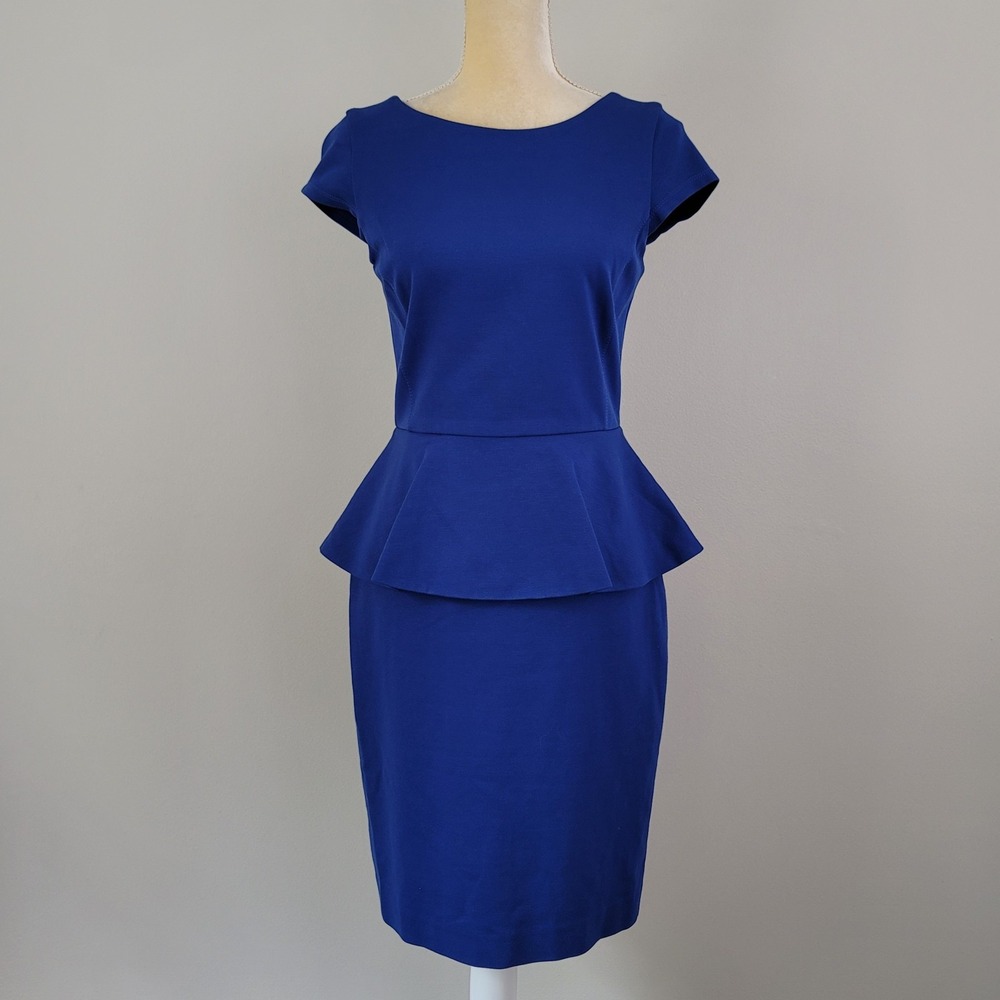 BANANA REPUBLIC Size 4 Blue Ponte Exposed Zipper Cap Sleeve Peplum Sheath Dress